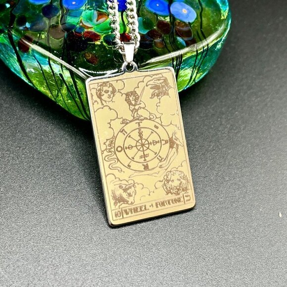 The Wheel of Fortune / Fate Stainless Steel Tarot Pendant and Necklace #860 - Picture 3 of 7